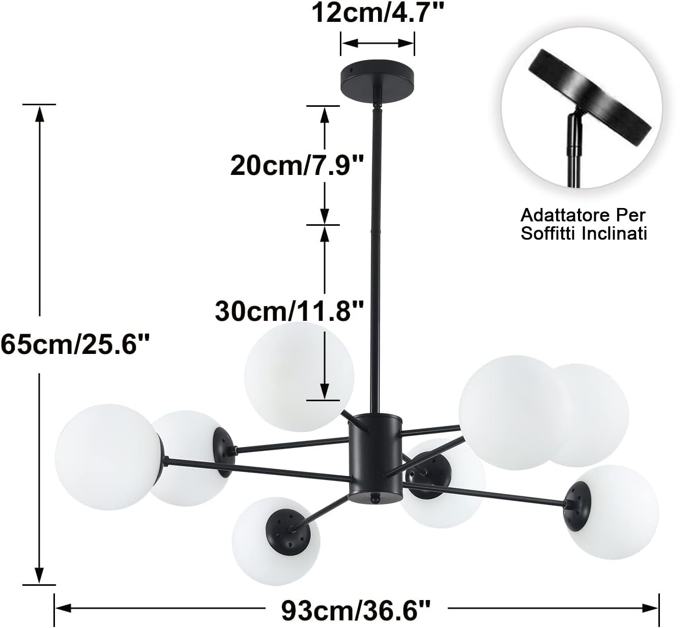 KCO Lighting Black Sputnik Chandelier 8-Light Glass Globe Mid Century Modern Ceiling Fixture Black+White Model L1085-8-BW