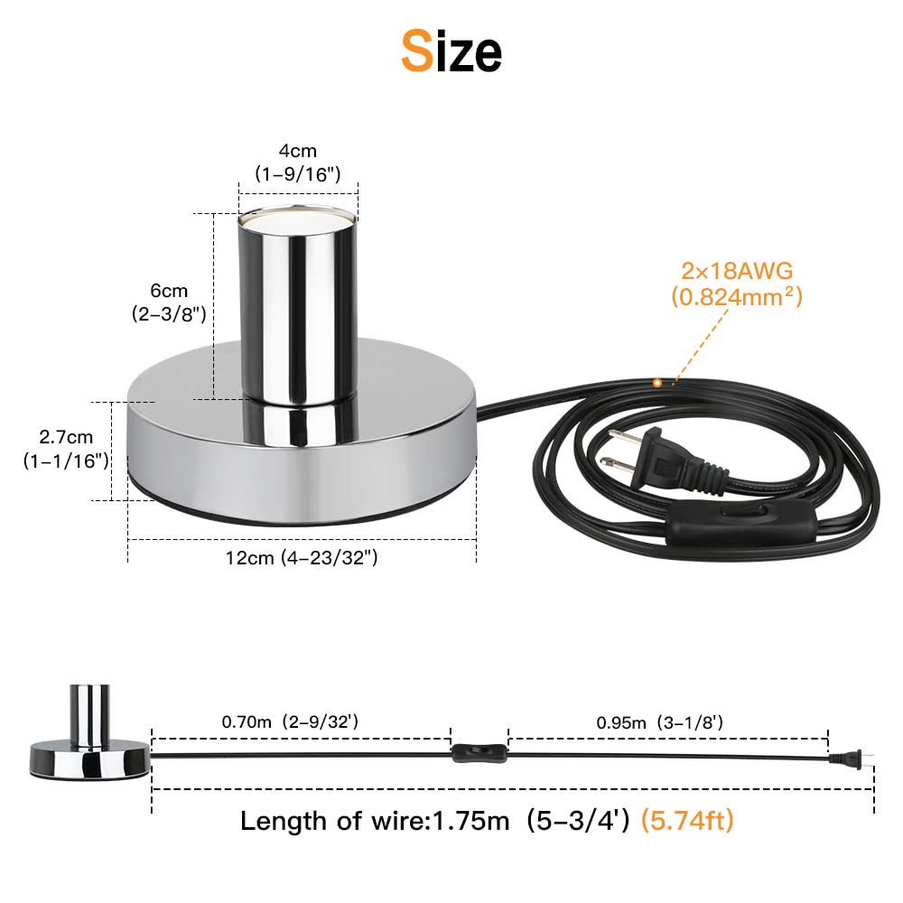 Helunsi Industrial Table Lamp Base, Silver Metal E26/E27 Bulb Holder, Mini Short Desk Lamp With 5.8Ft Cord, Model E507234