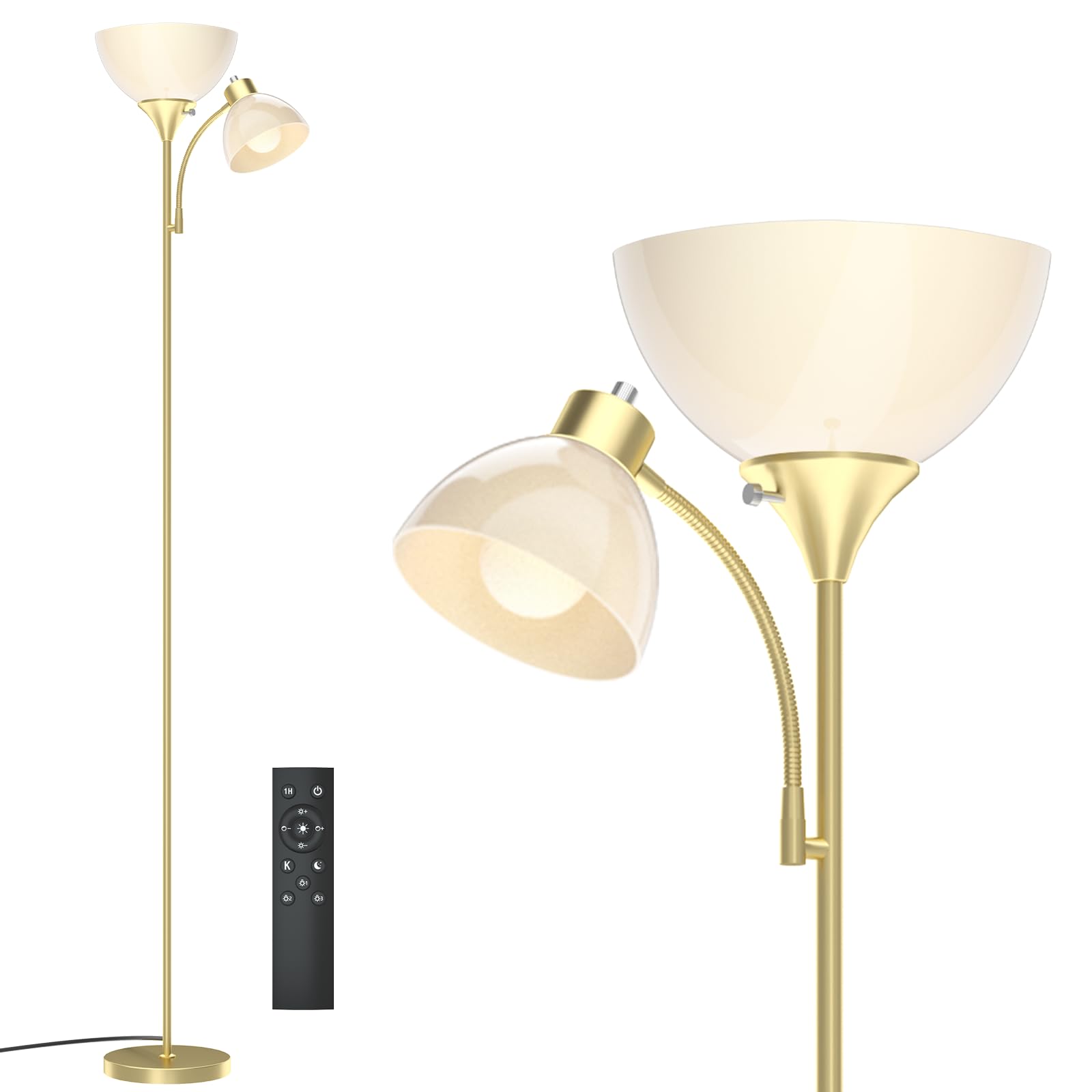 GERGO Led Floor Lamp, 11W+7W 2100LM Torchiere, Remote Control, 4 Color Temperatures 3000K-6000K, Golden, Model MF