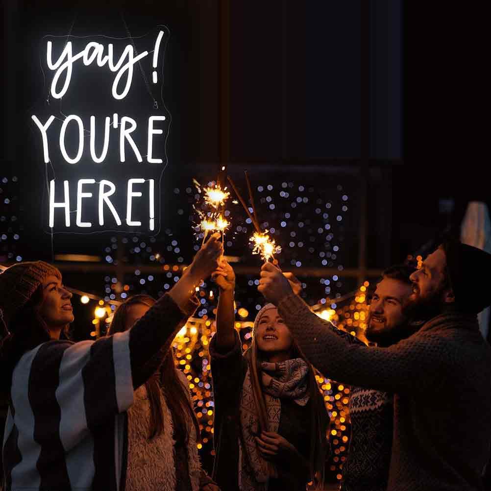 QiaoFei Neon Sign - "Yay! You're Here!" Positive Quotes Wall Decor, 12" Square, White, Silicone, Model QFLGT240914013