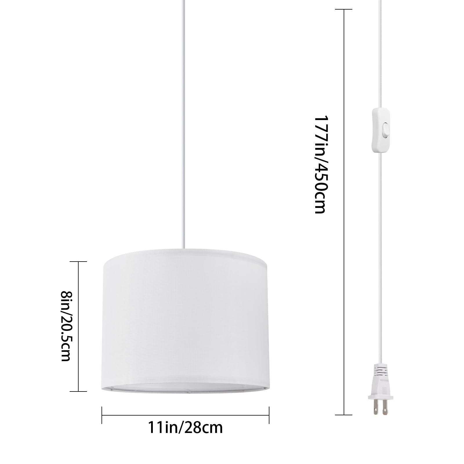 Cckzqyr 2 Pack Plug In Pendant Light, 15 Ft Hanging Lamp With Plug In Cord, On/Off Switch, White Fabric Lamp Shade, Hanging Ligh