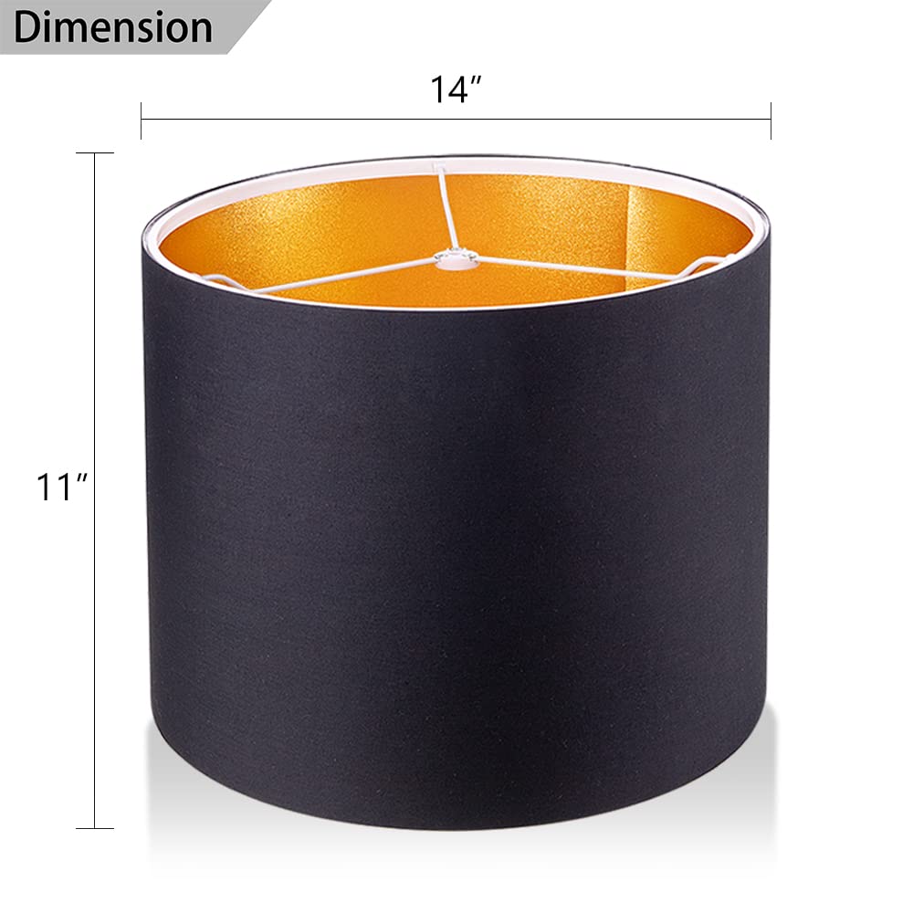 Wellmet Fabric Drum Lampshade, 14"x14"x11", Black Gold, Model DS-TLS, Classic Modern Style, Spider Fitter, Assembly Required