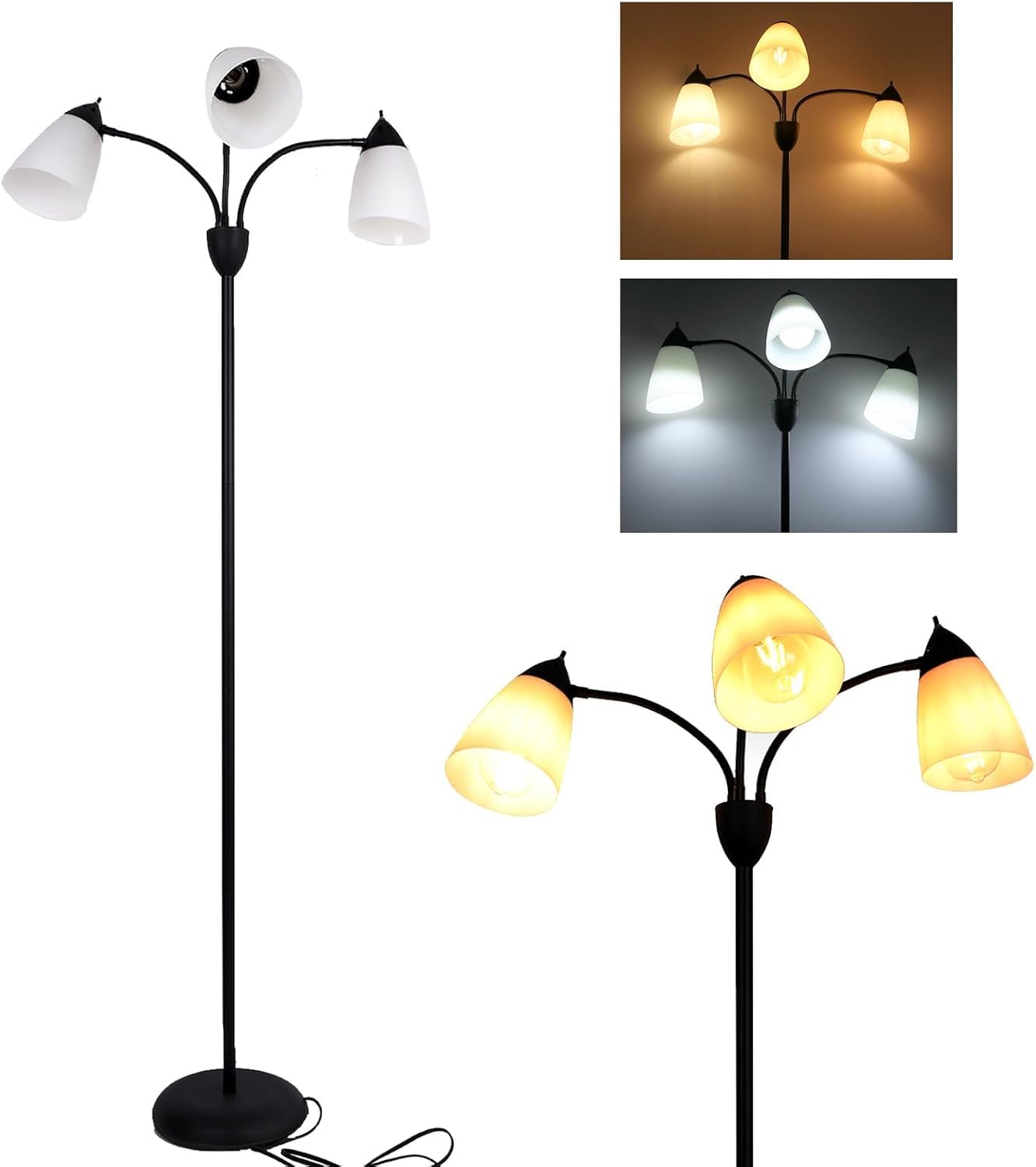 FIRVRE Modern Reading Floor Lamp, 3-Light Floor Lamp Black with Reading Lamp, Adjustable Flexible Tree Standing Lamp for Bedroom