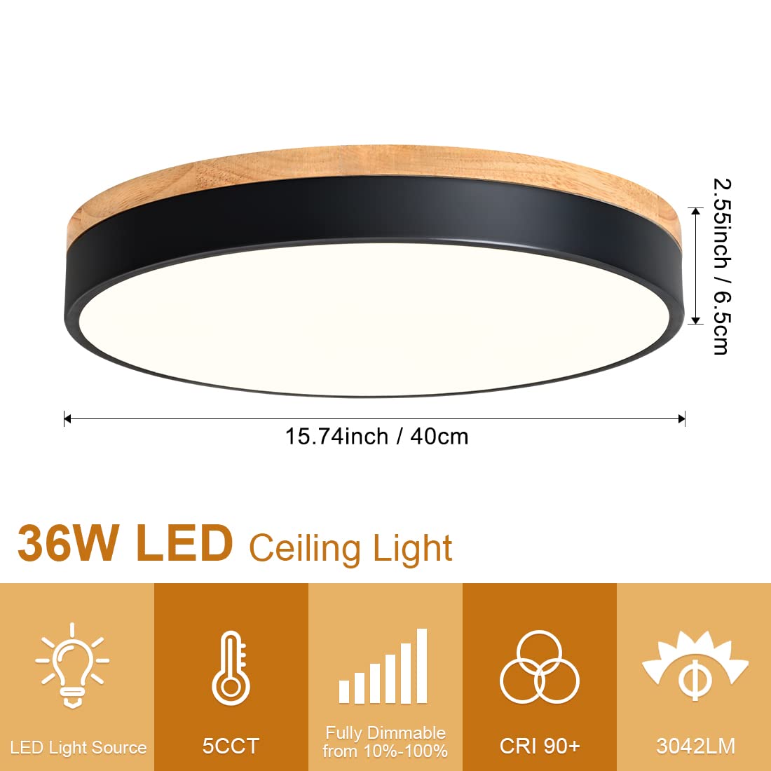 Goomavi Dimmable Black Flush Mount LED Ceiling Light, 15.74in Modern 2700K-6000K Fixture for Living Room, Dining Room, Bedroom, Kitchen