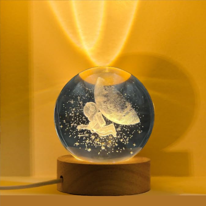 Space Astronaut 3D Crystal Ball With Led Light Stand, Universe Galaxy Glass Sphere Lamp, Decorative Glass Ball Paperweight Gift(