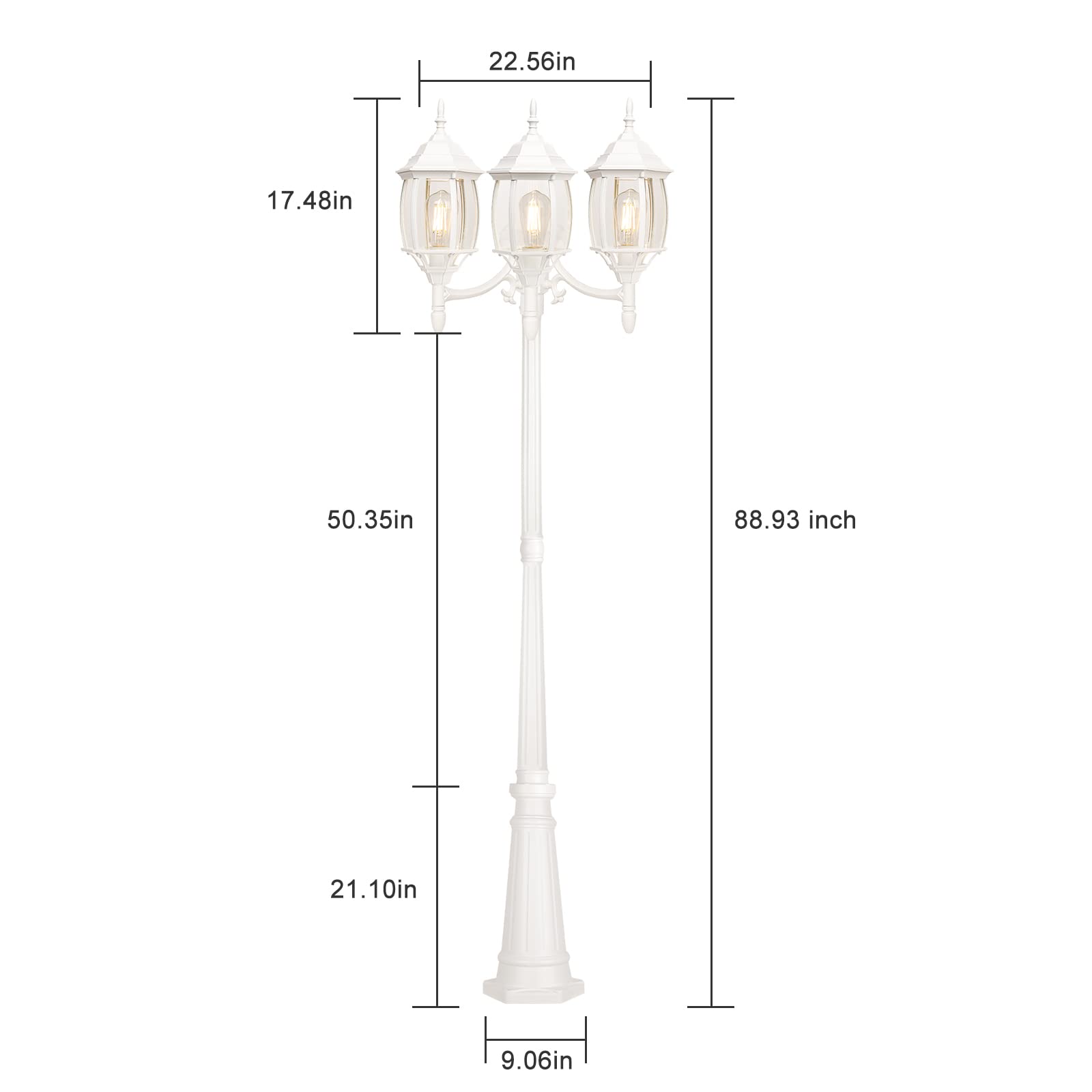 PARTPHONER Outdoor Lamp Post Light, 3-Head, Waterproof, Aluminum, White with Sensor, Model PL003, 3 LED Bulbs Included