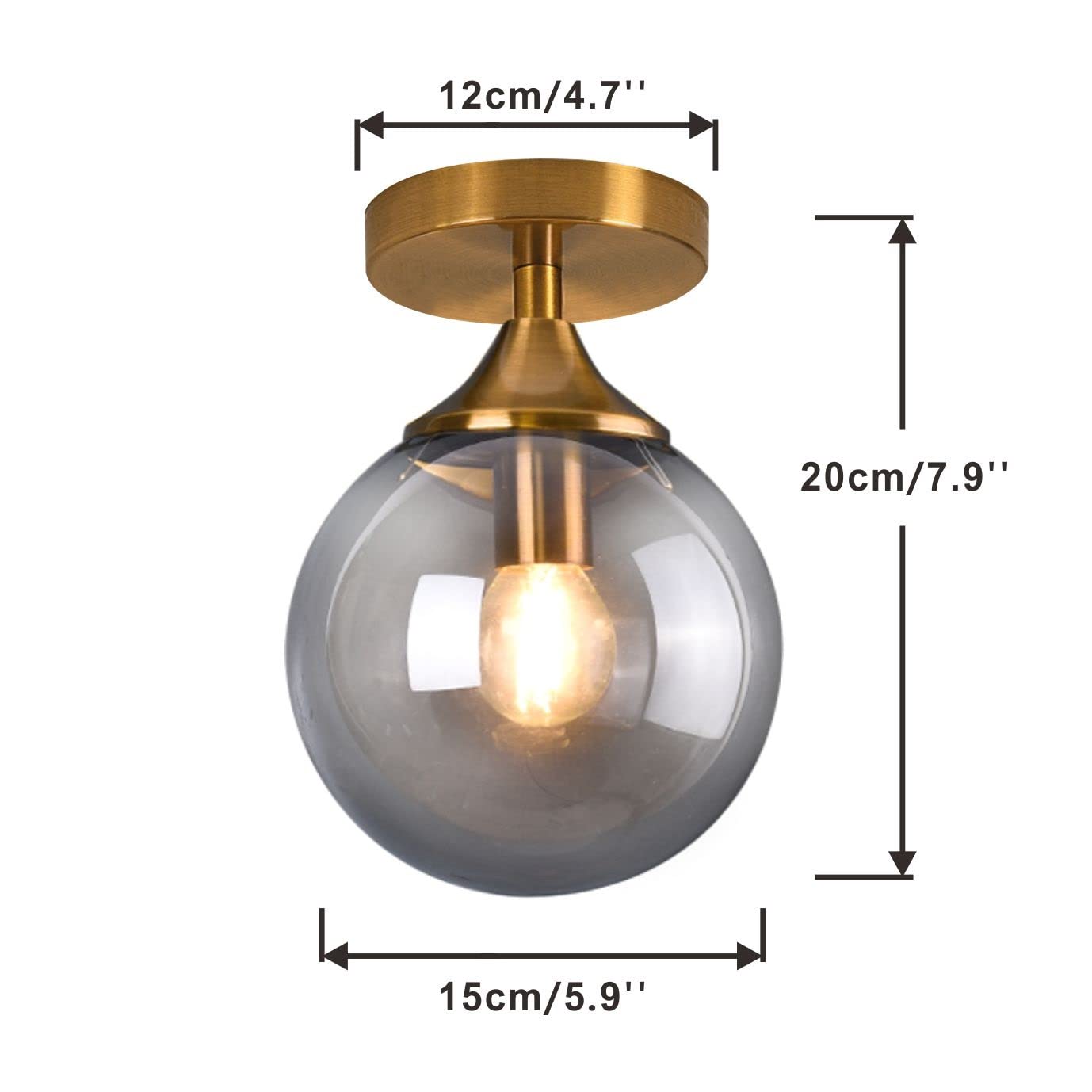 KCO Lighting Mid Century Modern Ceiling Light, Smoke Gray Glass, Brushed Gold, Model C1073-S, Small Globe Flush Mount for Hallway or Bedroom