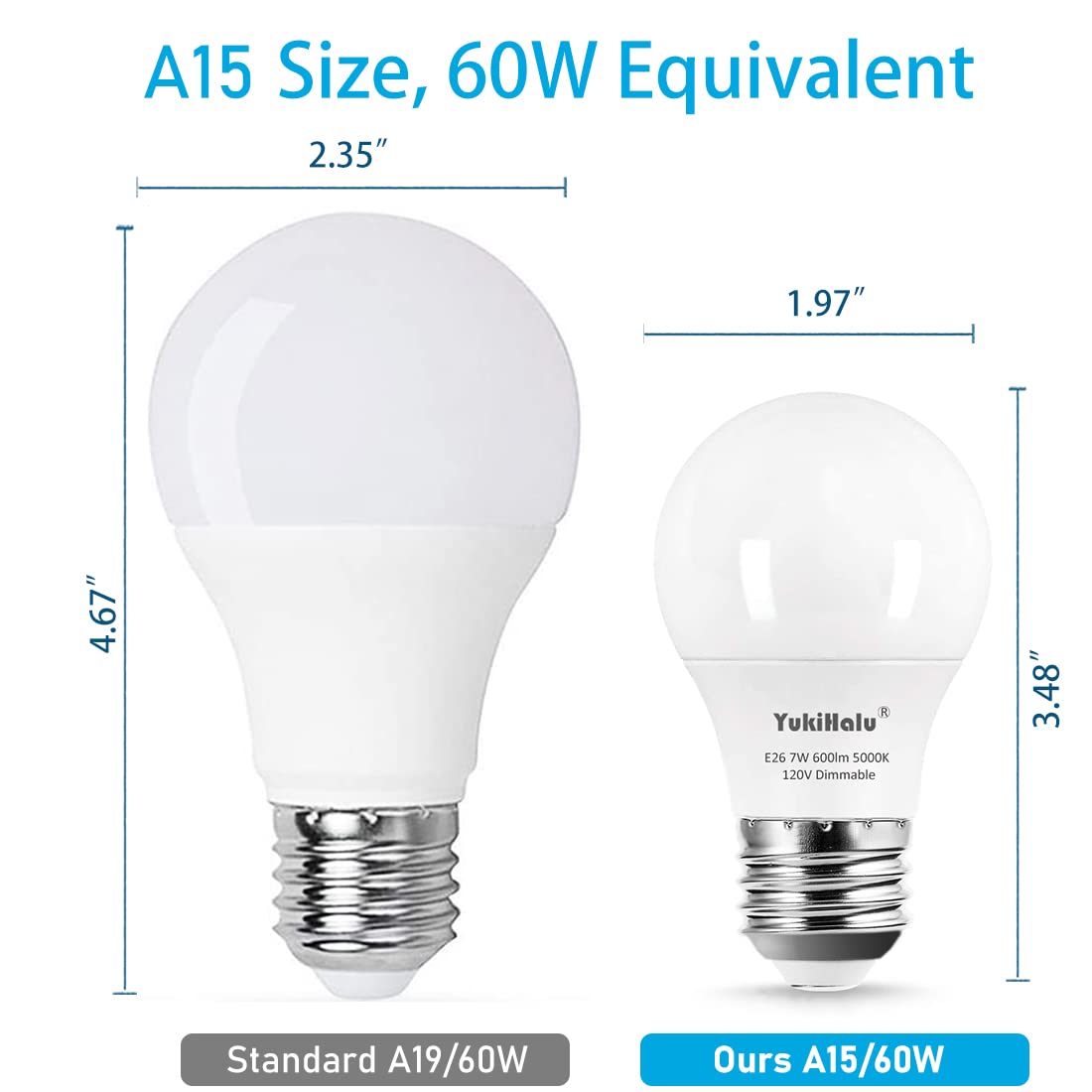 YukiHalu Dimmable A15 LED Light Bulbs, 60W Equivalent, 600 Lumens, E26 Base, 4 Count, 5000K Daylight White, UL
