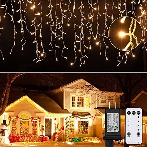 Brightown Icicle Lights Outdoor, 40 FT 432 LED, Warm White, 8 Modes, Waterproof, Remote & Timer, Model DMO-300