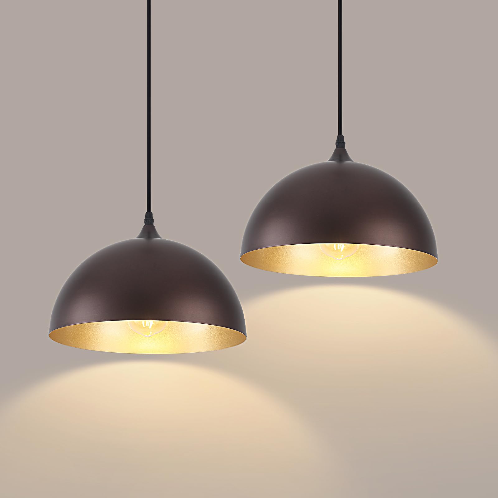 LWWHQ Farmhouse Pendant Light 2 Pack, Vintage Pendant Light Fixtures, Brown Kitchen Pendant Lighting, 11.8 inches Dome Kitchen P