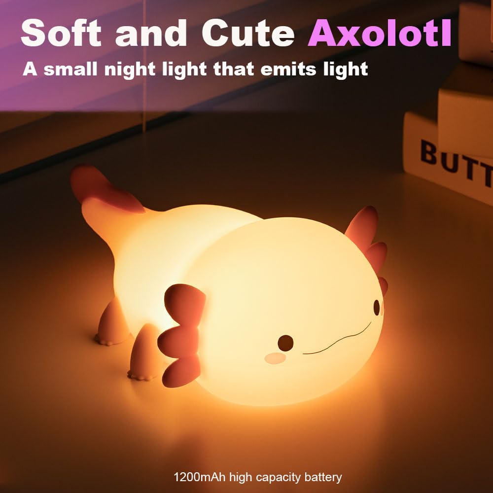 Pink Axolotl Night Light For Kids Bedroom, Animal Silicone Nursery Night Lamp Touch Dinosaurs Nightlights Usb Rechargeable Bedsi