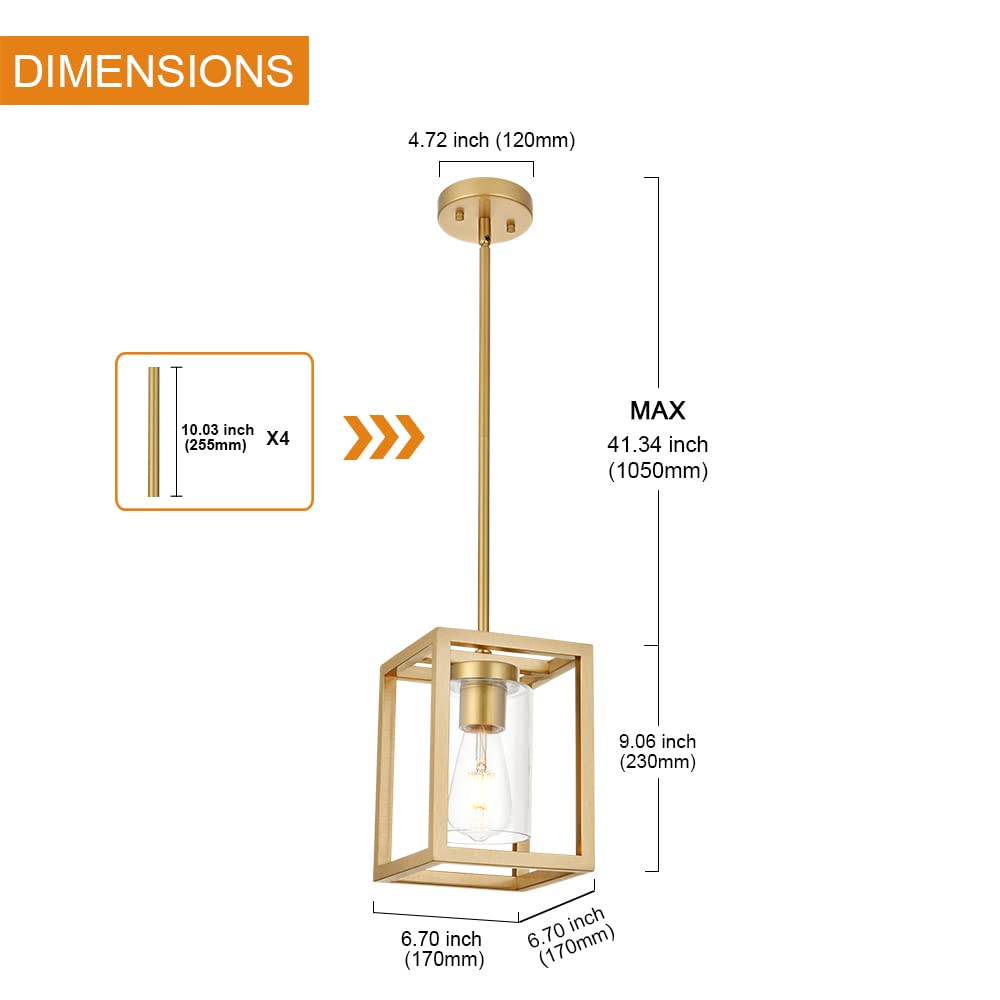 Vinluz 1-Light Rustic Chandelier In Gold Finish Modern Industrial Pendant Lighting Fixture With Clear Glass Shade Hanging Ceilin