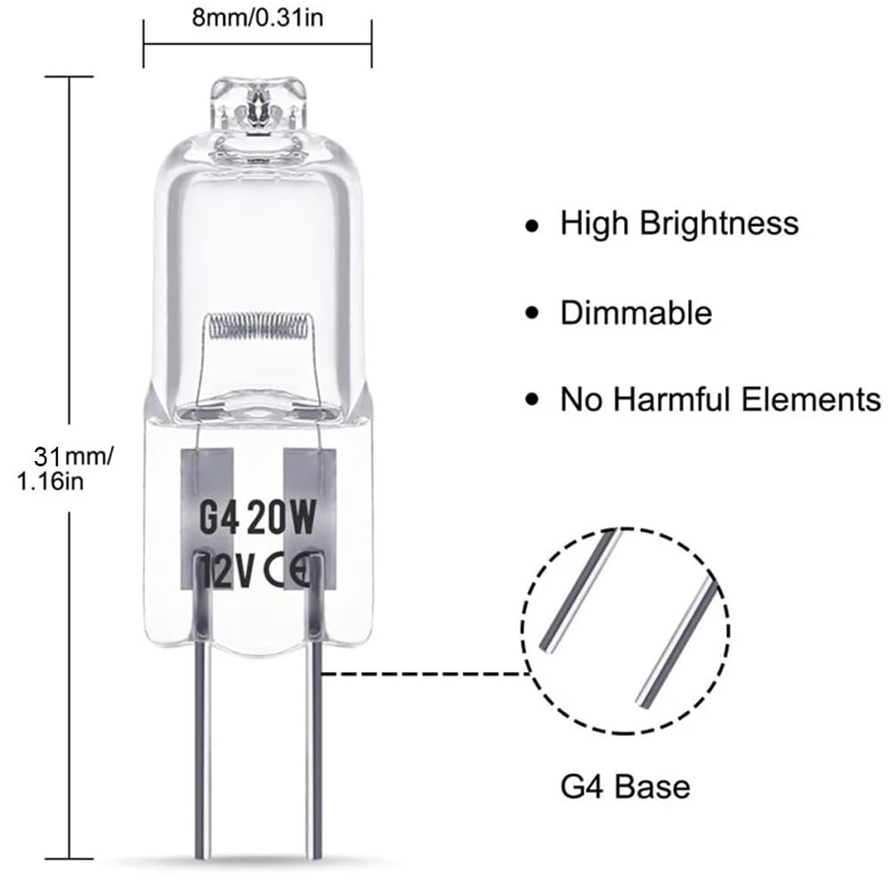 Weihong G4 Halogen Bulb,12V 10W/20W 2800K Warm White 2 Pin Halogen Lamp,G4 Clear Bulb Lamp For Crystal Chandeliers Kitchen,Livin