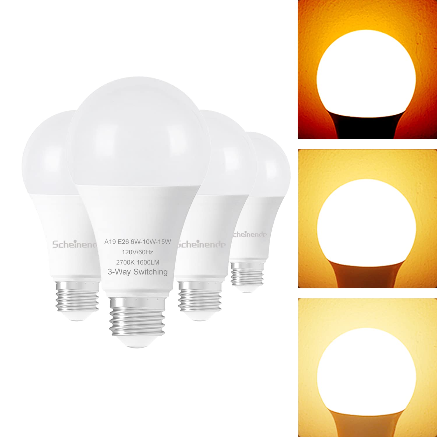 Scheinenda 3-Way Light Bulbs 30 70 100 Watt Equivalent, Standard A19 Indoor Led Bulb Soft White 2700K, 15 Watt Energy Efficient