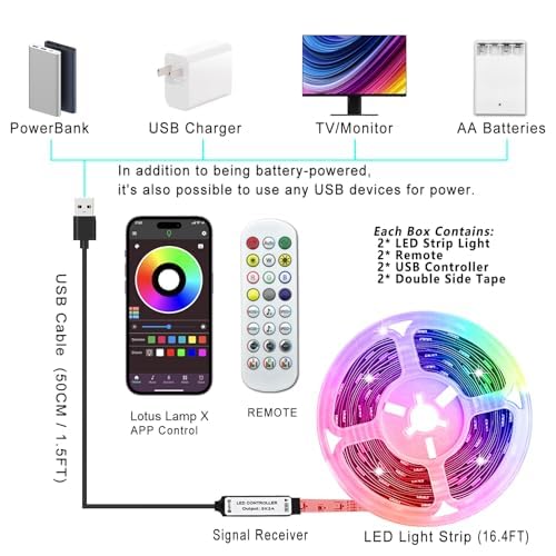 L8star RGB LED Strip Lights, 2x16.4Ft, Battery Powered with Remote & APP Control, Model L8star-5050-16.4FT, Plastic Material
