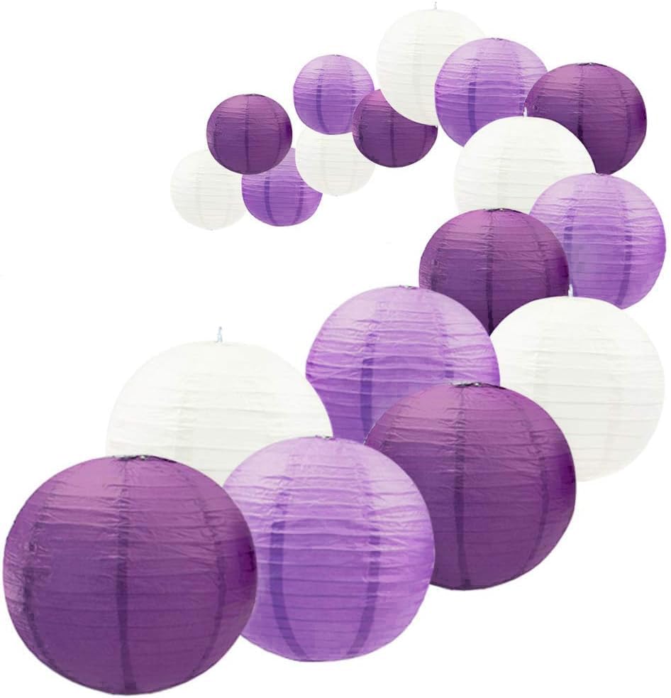 UNIQOOO 18PCS Paper Lantern Set, Royal Purple, Easy Assemble, Hanging Decor for Weddings, Parties, Home, Outdoor, Model 05PLKD-PURSET-18P