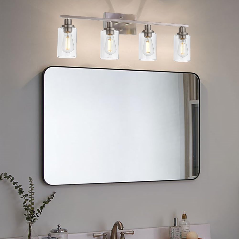MELUCEE Bathroom Light Fixtures 4-Light Brushed Nickel Vanity Lights with Clear Glass Shade Model 450-4W-SN