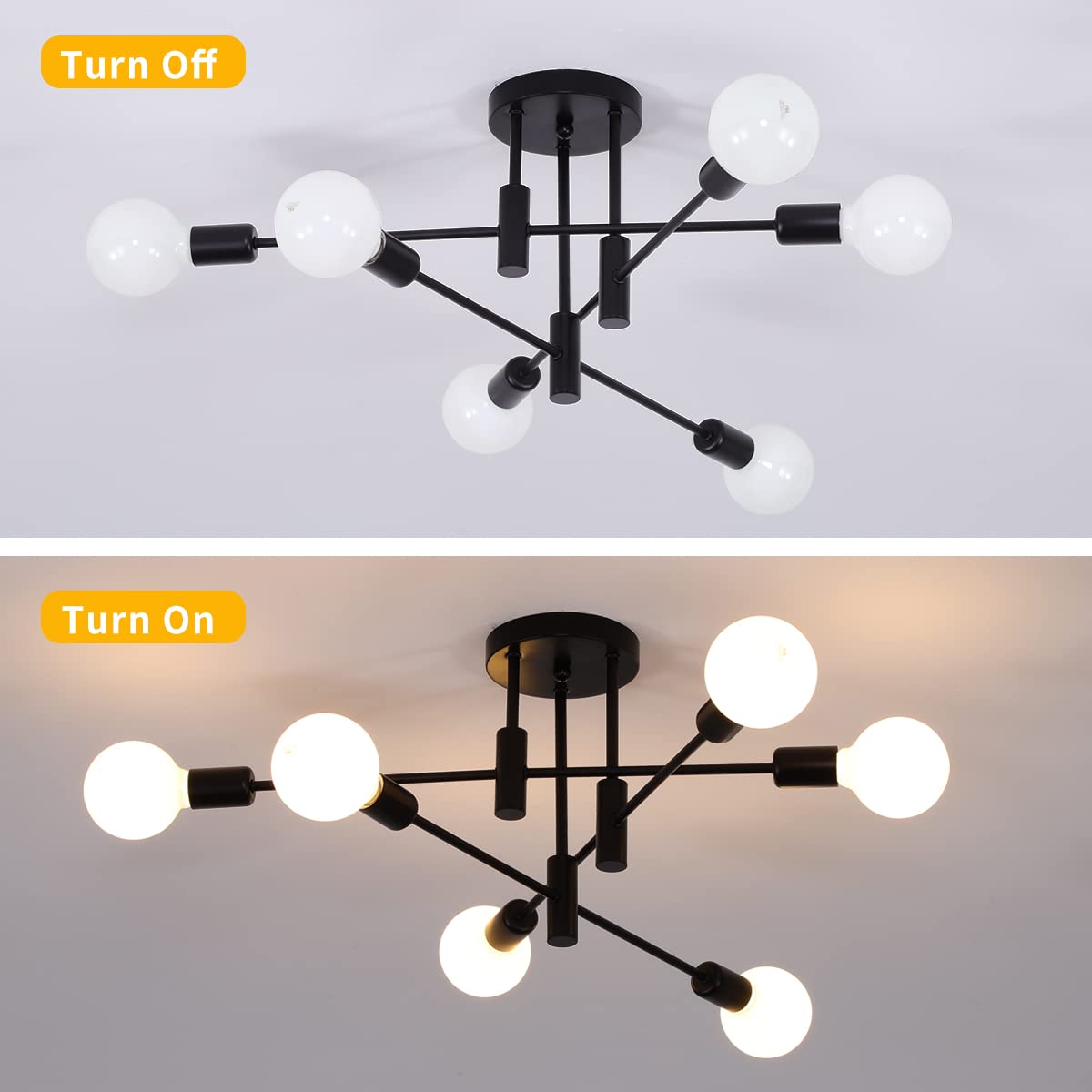 Garwarm Black Sputnik Ceiling Light Fixture, 6-Lights Semi Flush Mount Ceiling Light, Modern Kitchen Chandelier For Dining Room