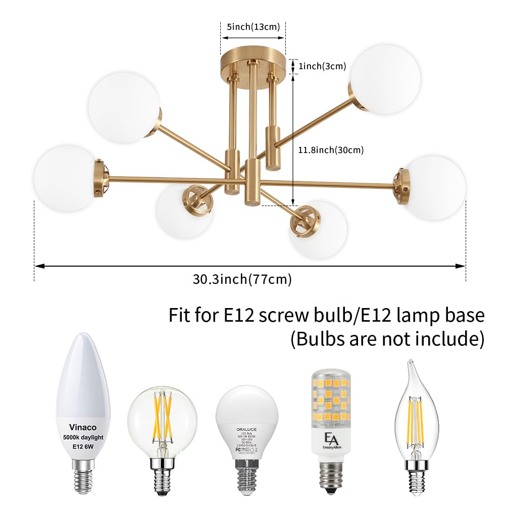 Biewalk Gold Sputnik Chandelier, 6-Light Modern Globe Fixture, Glass & Metal, Mid Century Style for Living & Dining Rooms