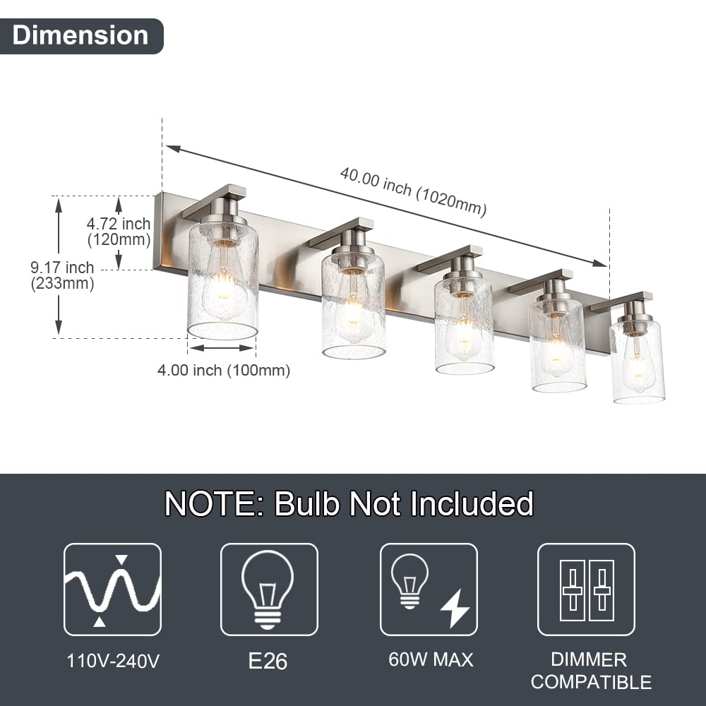 WINSHEN Bathroom Light Fixture, 5-Lights Vanity Lighting, Brushed Nickel, 40-Inches, Metal, Model SG-501-5L-SN