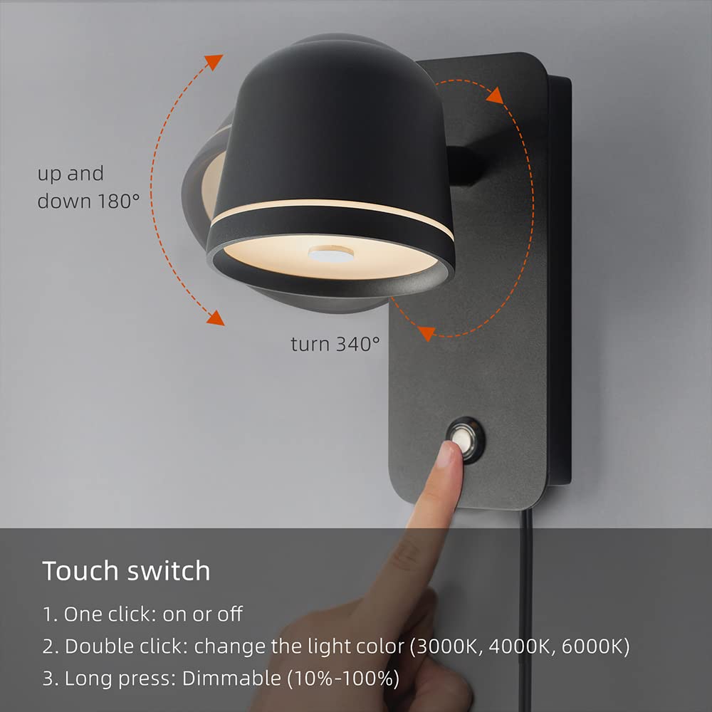 Aisilan Black Wall Sconce, 5W Dimmable Wall Sconces, Adjustable Angle Indoor Wall Lights With Plug In Cord, Led Wall Mounted Bed