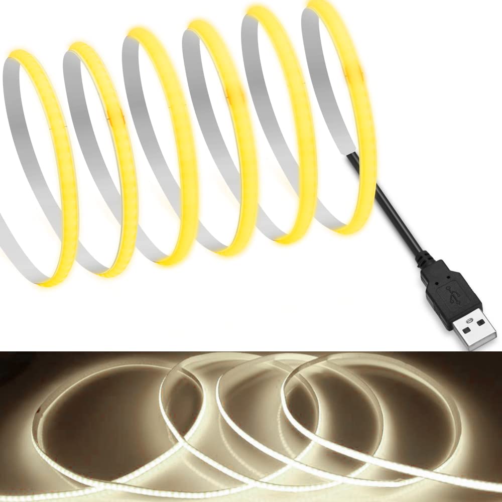 Mdee?Usb Cob Tape Light Led Strip.13.12Ft/4M- Flexible 5Mm Hidden Dc 5V Led Tape With 320 Leds/M For Warm White (4000K) Lighting. Cuttable  Shapeable  Usb Powered. Ideal For Kitchen