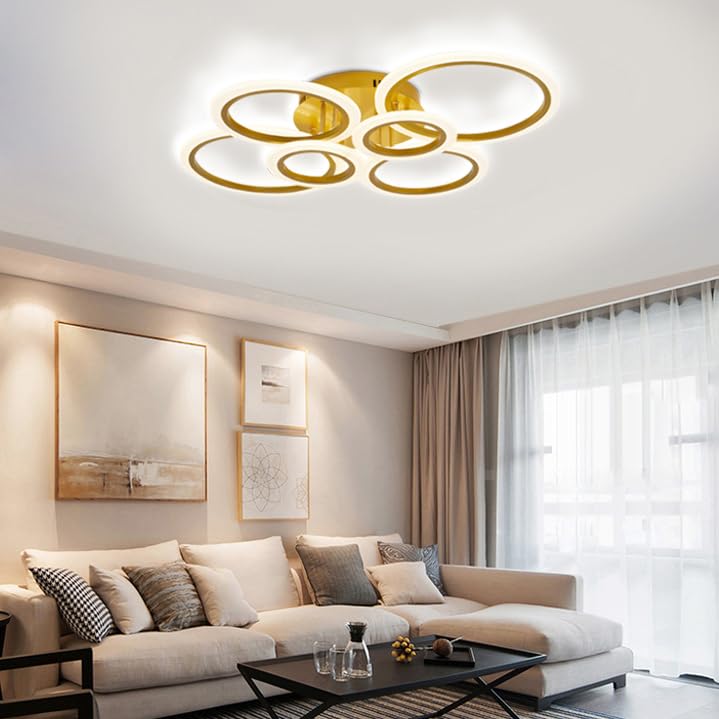 Cyaruy Modern Gold Flush Mount Ceiling Light Fixture With Remote, 3000K-6500K Dimmable, 6-Ring Round Led Chandelier Ceiling Lamp