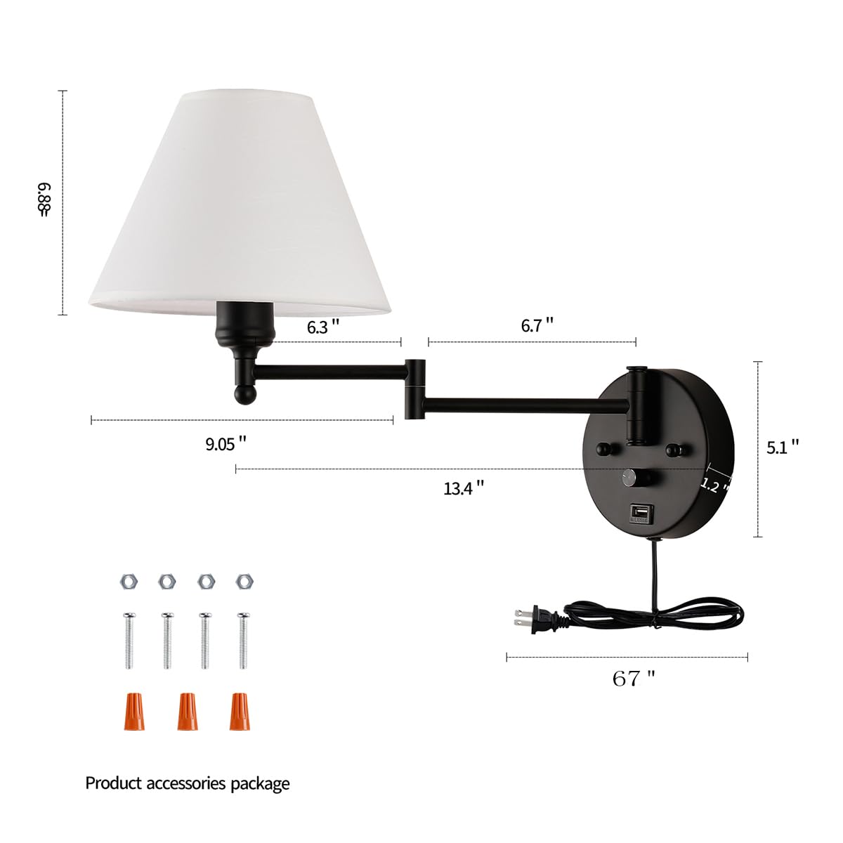 PFQCGU Swing Arm Wall Sconce, Black Metal, Dimmable Switch, USB Port, White Fabric Shade, Ideal for Bedroom & Living Room, Model AR—998