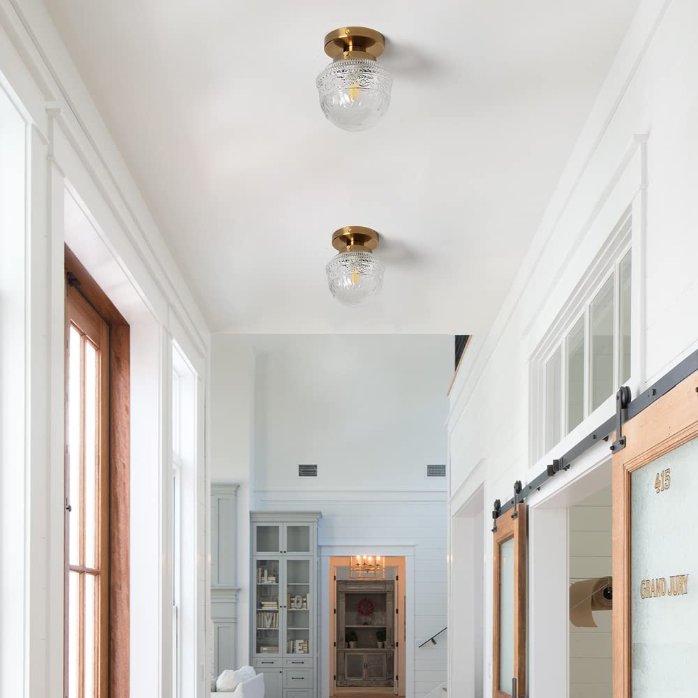 Dsmjfu Brass Semi Flush Mount Ceiling Light, Small Hallway Light Fixture, Vintage Close To Ceiling Light Fixture For Bathroom, E