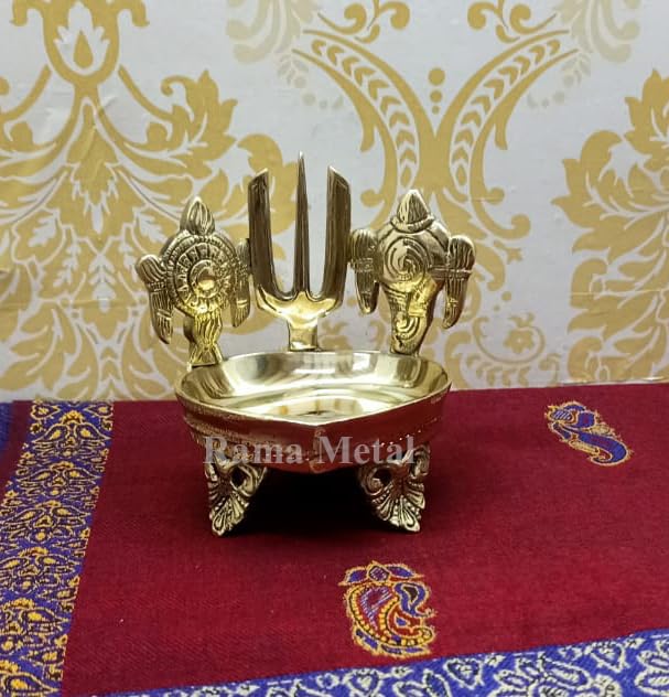 RAMA METAL Shankh Chakra Namah Design Brass Diya Over Carved Legs, Deepam Oil for Pooja, Shankha Gada Padma, Padmanabha Swami, S