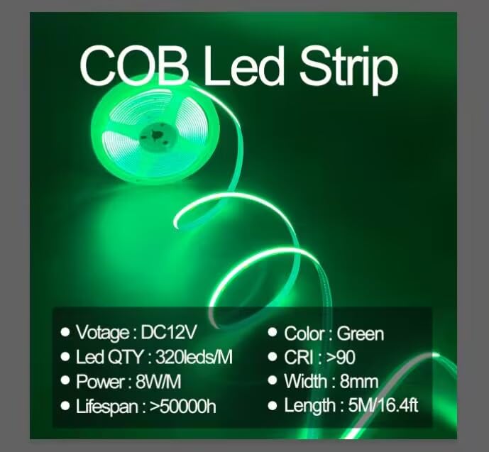 Hamrvl Cob Led Strip Lights Green,Dc12V 16.4Ft/5M 320Leds/M Cri90 Flexible Led Tape Lights 8Mm, For Indoor Home Cabinet,Bedroom,