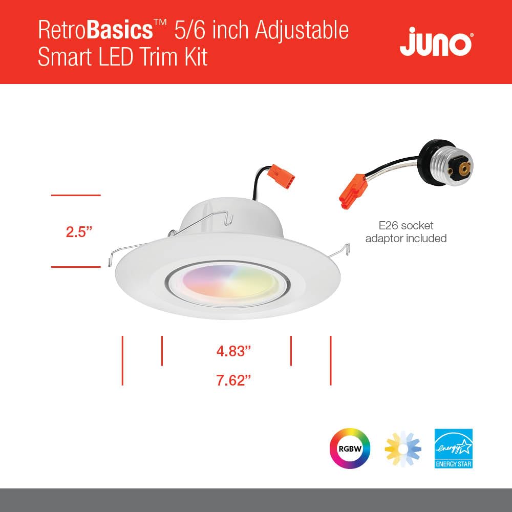 Juno LED Downlight RB56AC RGBW MW M6, Adjustable, 5/6-Inch, Matte White, Dynamic Color Red, Green, Blue, White, E26 Socket Adaptor