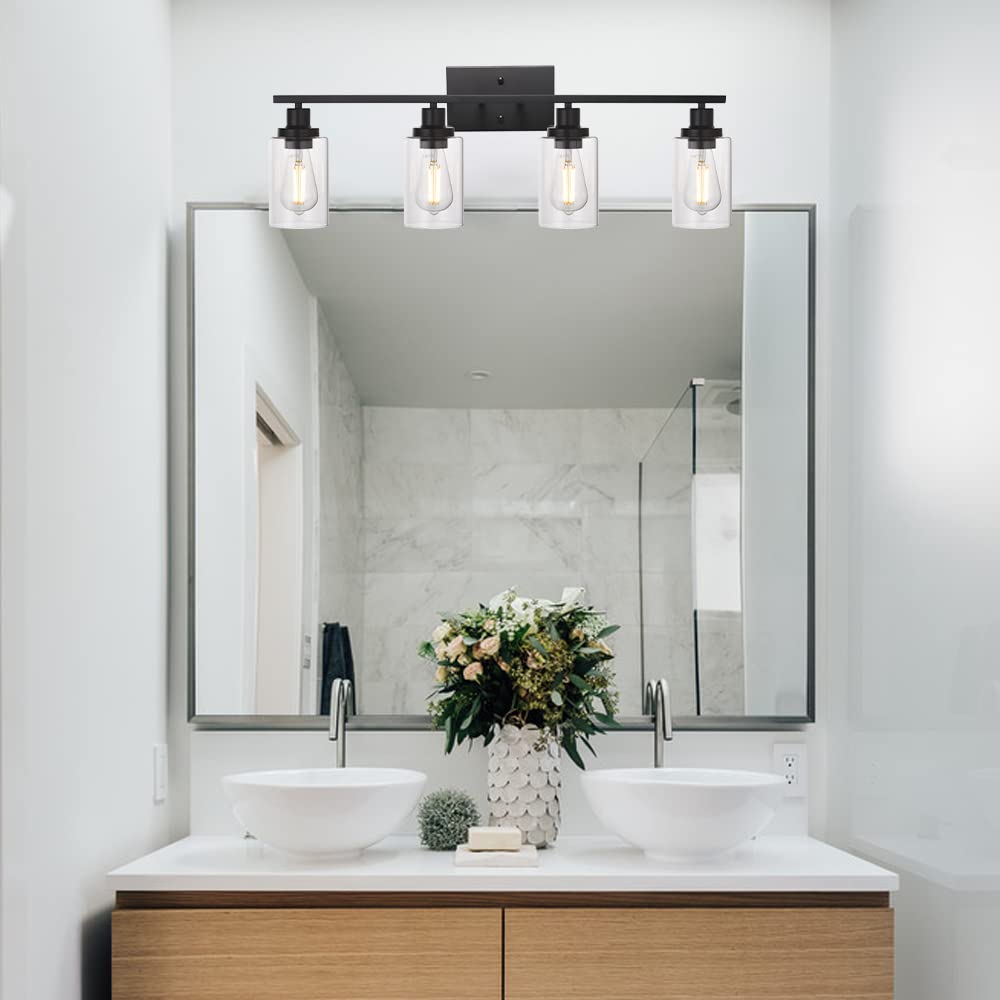 MELUCEE 4 Lights Sconces Wall Lighting Black with Clear Glass Shade, Industrial Bathroom Light Fixtures Vanity Lights Porch Ligh