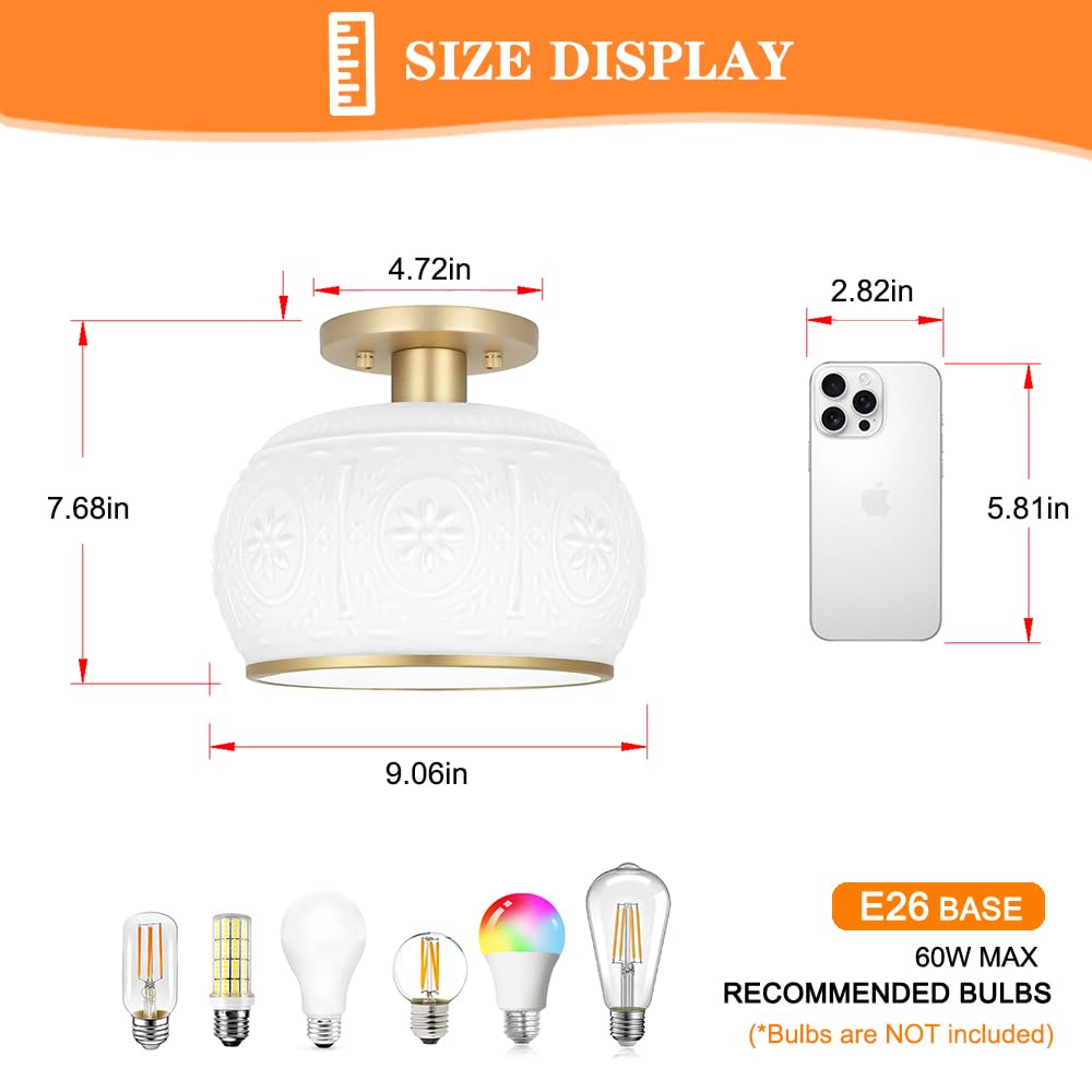 Oiyio Brushed Brass Semi Flush Mount Ceiling Light With Clear Globe Glass  Modern Hallway Lighting Fixtures  Vintage Ceiling Light For Kitchen  Bedroom  Closet  Entryway  Porch