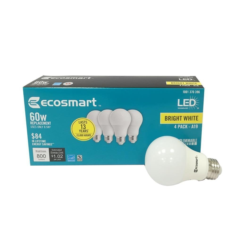 Ecosmart 60W Equivalent Bright White A19 Energy Star + Dimmable Led Light Bulb (4-Pack)