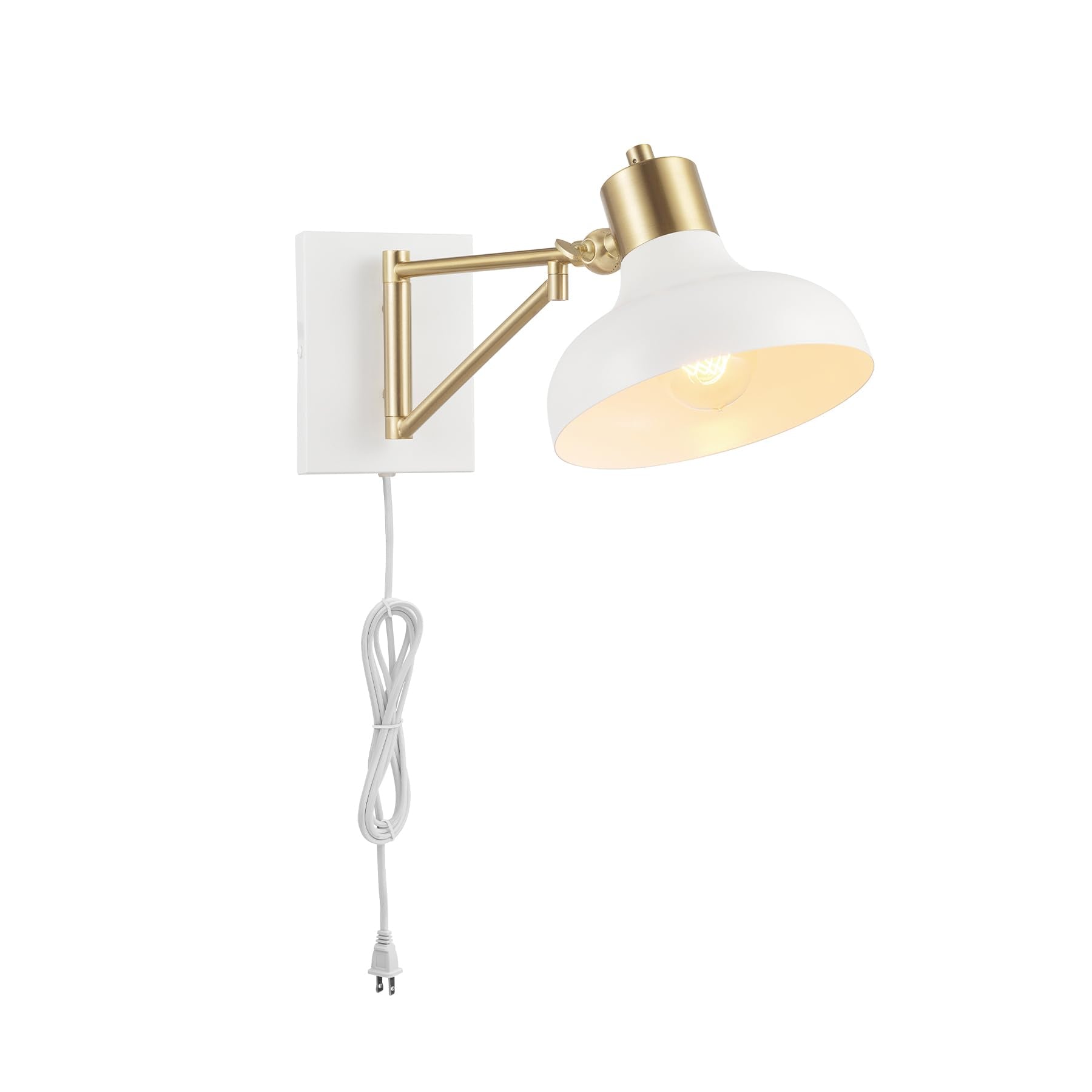 Globe Electric 51344 1-Light Plug-In Or Hardwire Swing Arm Wall Sconce, White, Brass Accents, White-Cloth Cord, Mounted Bedside