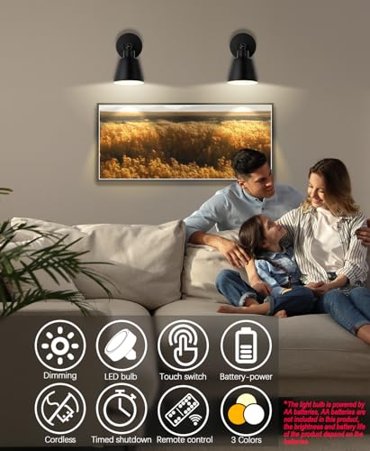 BIMEAN Black Battery Operated Wall Sconce Set of Two, Dimmable LED Lights with Remote Control for Bedroom, Gallery, Living Room
