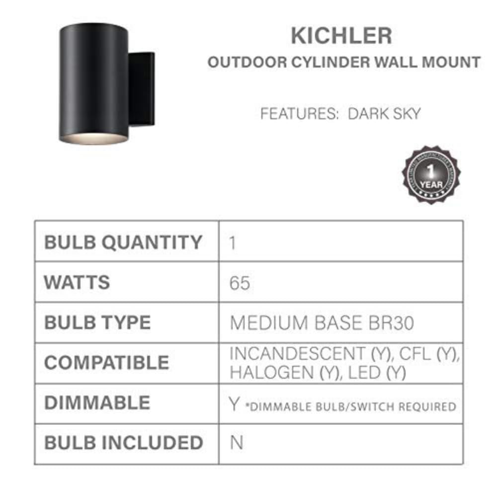 Kichler Outdoor Wall Sconce, 1-Light Cylinder Fixture, 7in H x 5in W, Black, Aluminum, Model 9234BK
