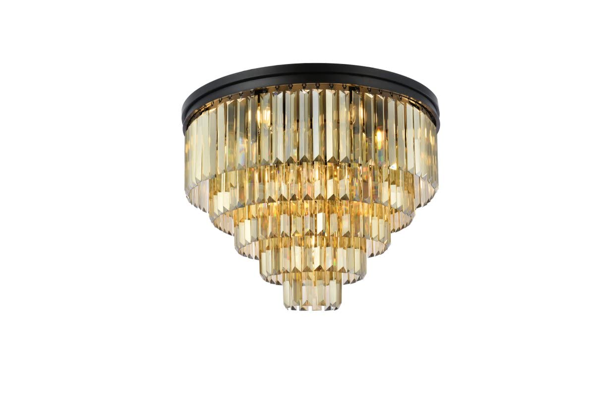 Urban Classic Sydney 17 Light Matte Black Flush Mount Golden Teak (Smoky) Royal Cut Crystal