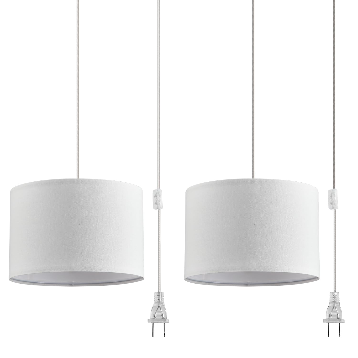 Ihengyanlt 2 Pack Plug In Pendant Light, Hanging Light With 15Ft Clear Cord, On/Off Switch, White Fabric Lamp Shade, Hanging Light Fixture For Bedroom, Kitchen, Living Room, Dining Table