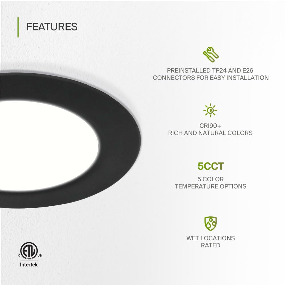 Asd Flat Trim Retrofit Led Recessed Lighting 6 Inch | Ultra Thin Black 12W 971Lm Wet Rated Dimmable Downlights | 2700K-5000K Adjustable Led Recessed Light Fixtures | Disk Can Lights  Etl 24 Pack