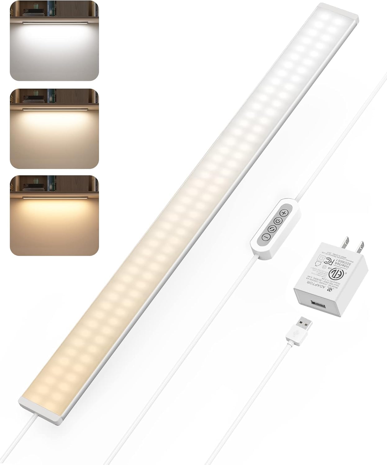 ASOKO Dimmable Desk Light Strip Bar, 3 Temps Under Cabinet Lighting with Memory Function, 24inch Plug in USB Led Undercounter Li