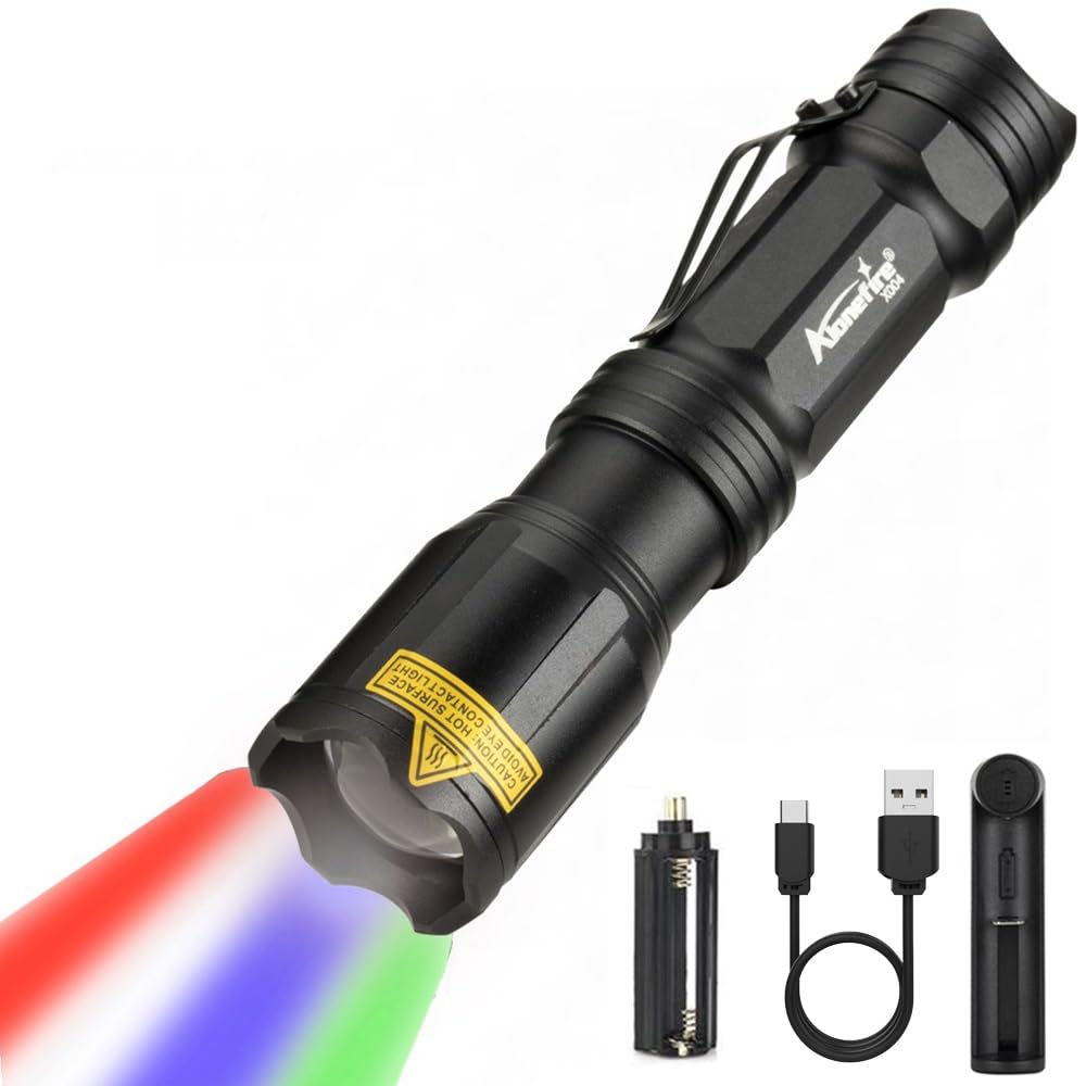 ALONEFIRE X004 Multicolor Flashlight Red Light Green Light USB Rechargeable Blue Light Flashlight RGB Color Changing Waterproof 
