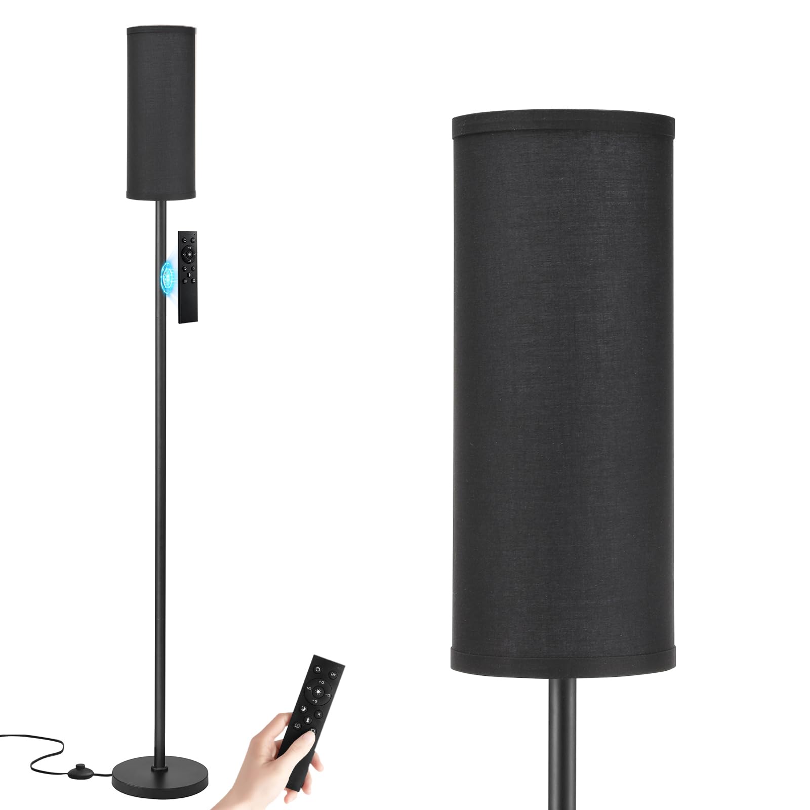 Ambimall 64'' Floor Lamps for Living Room with Remote Control and Stepless Dimmable Colors Temperature & Brightness, 9W Bulb Included(Black Lampshade & Black Pole)