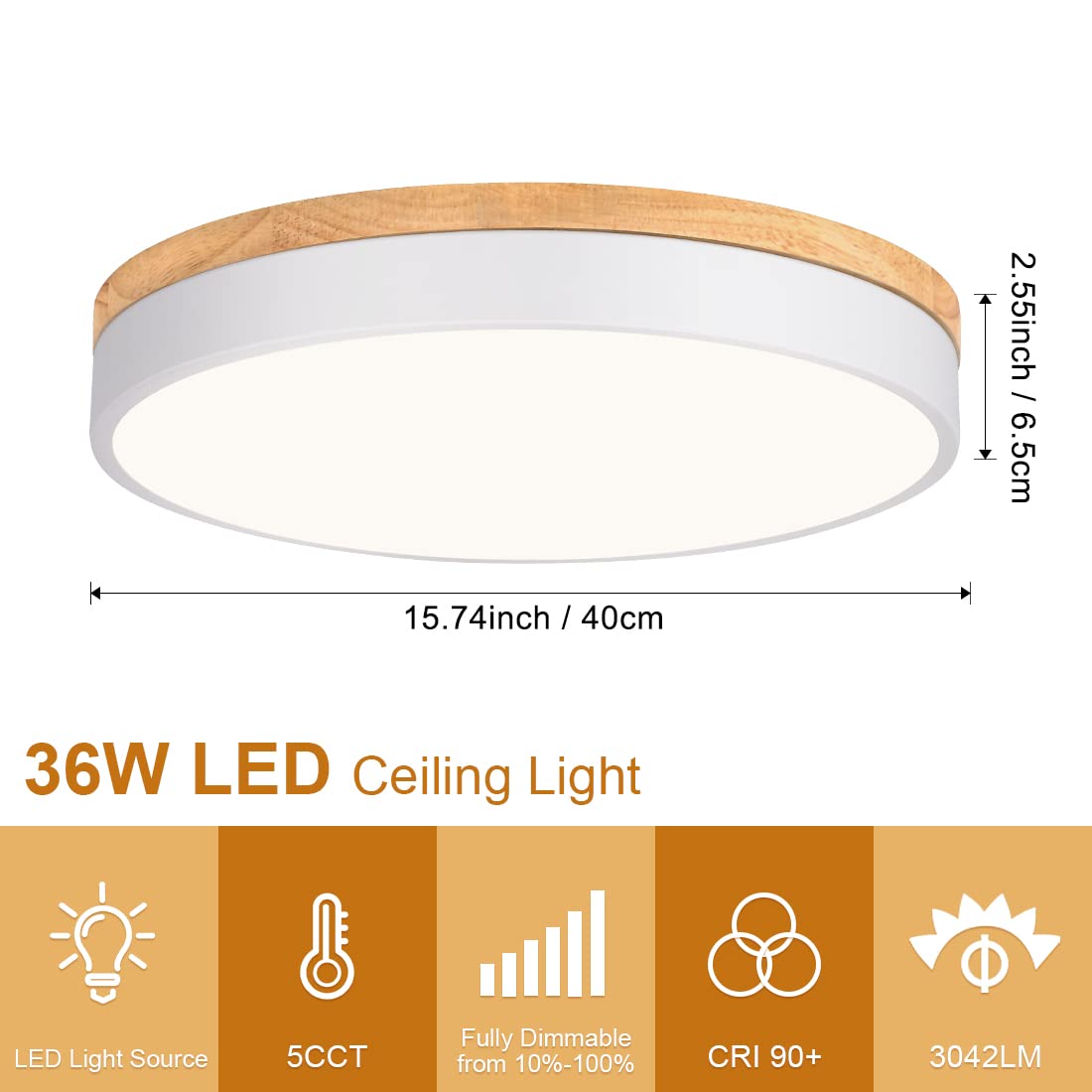 Goomavi Dimmable Wood Led Close To Ceiling Light, Modern 2700K-6000K 5Cct Round White Flush Mount Ceiling Light Fixtures, Minimalist Ceiling Lamp For Living Room, Dining Room, Bedroom, Kitchen-15.8In