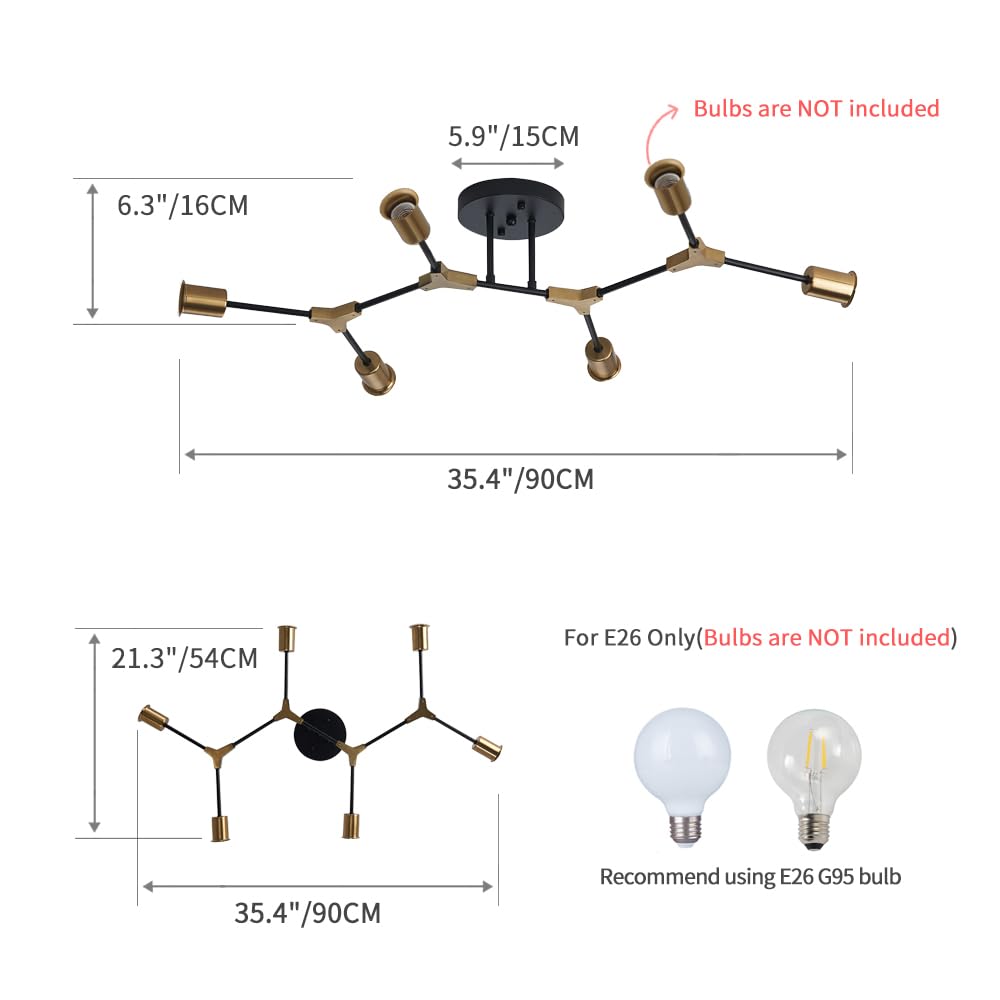 Quoobe Modern Mid Centur 6 Light Semi Flush Mount Ceiling Lighting Fixture For Living Room Bedroom Dining Room Hallway Kitchen Office,Minimalist Gold And Black Sputnik Chandelier