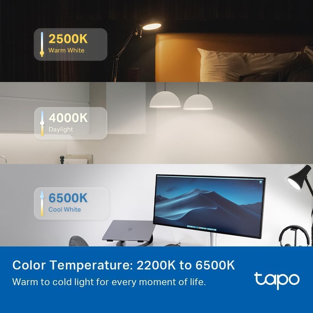 Tapo Smart Light Bulbs, 1100 Lumens, Dimmable, WiFi, Works with Siri/Alexa/Google, A19 E26, 4 Pack, Multicolor
