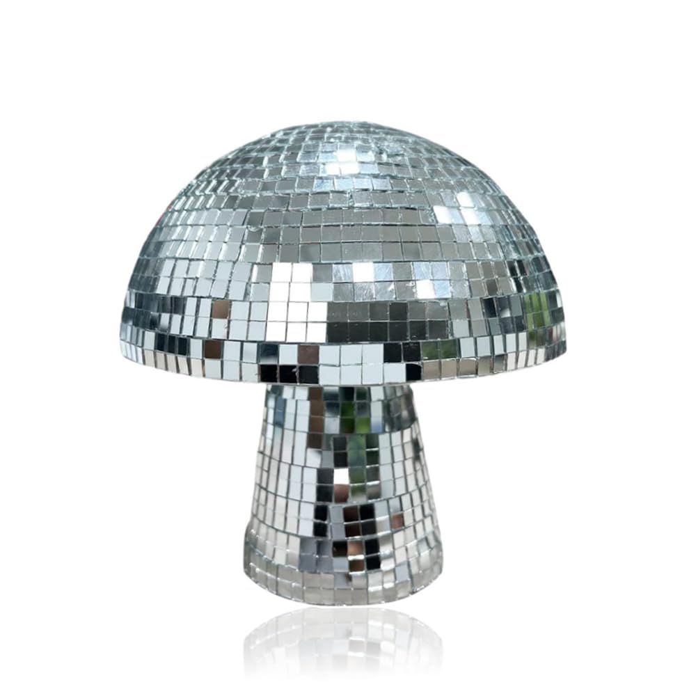 Mushroom Disco Ball Party Decoration, Silver Mirror Ball Table Decor, 4.1 Inch Retro Handmade Mushroom Shape Home Bar Ornament(S