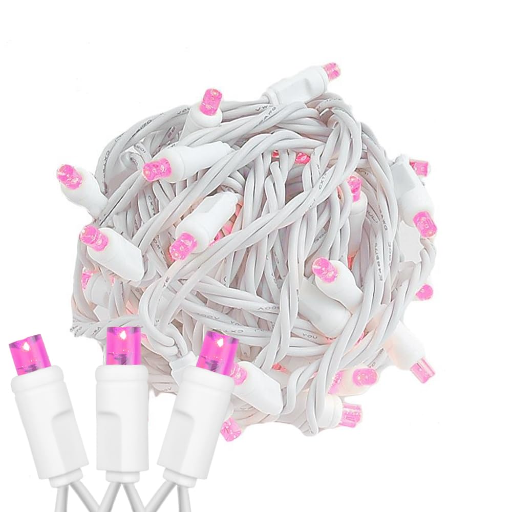 Novelty Lights 25ft Christmas String Lights, 50 Pink LED Bulbs on White Wire, 6 Spacing, Connectable Indoor Outdoor Commercial G