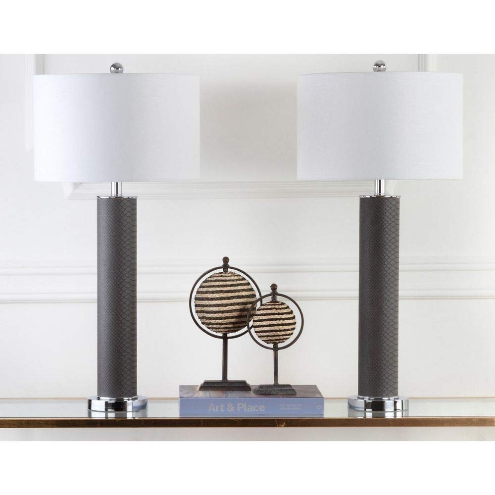 SAFAVIEH Table Lamp Set of 2, 32-inch Modern Grey Faux Snakeskin, Model LIT4404E-SET2, LED Bulbs Included